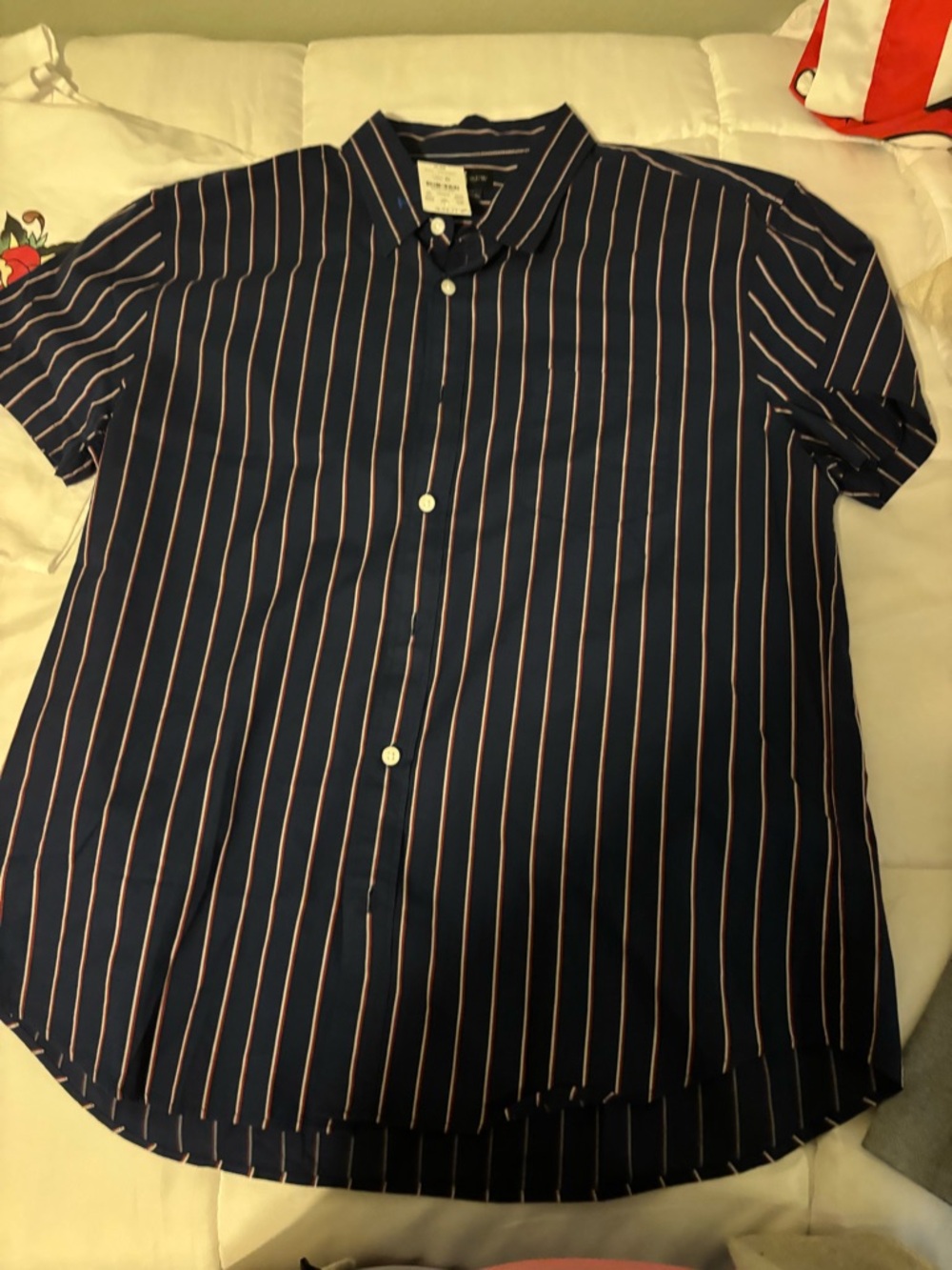 J. Crew Navy Short-Sleeve Button-Down with White and Pink Stripes